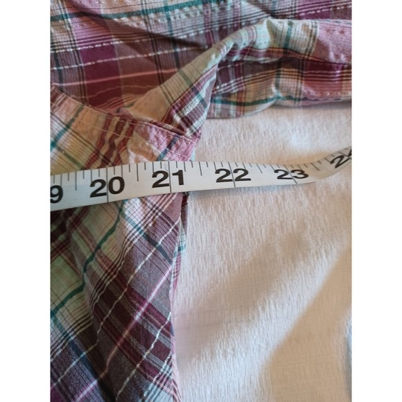Twenty X Women's  L/S Pearl Snap Pink/Purple Plaid Blouse.  Blue piping. L. - Picture 6 of 9